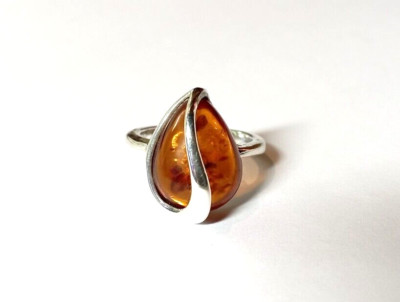 Bague Ancienne En Ambre Et Argent Massif 925 - Taille 56, Style Cocktail, Pierre Naturelle