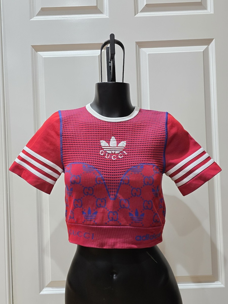 GUCCI x Adidas Top Cropped Shirt Jersey Jacquard S Small Red Blue