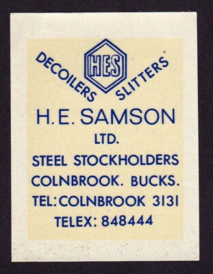 um 1950 unbenutzt H. E. Samson, Colnbrook Wasserrutschen Transfer Etikett