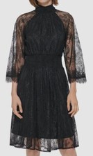 Calvin Klein Women's Black High-Neck Smocked-Waist Lace Dress Size 10