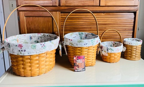 Longaberger Large Handle Basket Lot of 4 with matching floral cloth liners