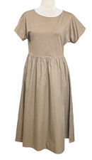 Uniqlo Women's Khaki Tan Midi Dress Size S Short Sleeve Tiered Cotton Minimalist