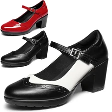 Women Mary Jane Pump Shoes Ankle Strap Low Chunky Heel Oxford Shoes