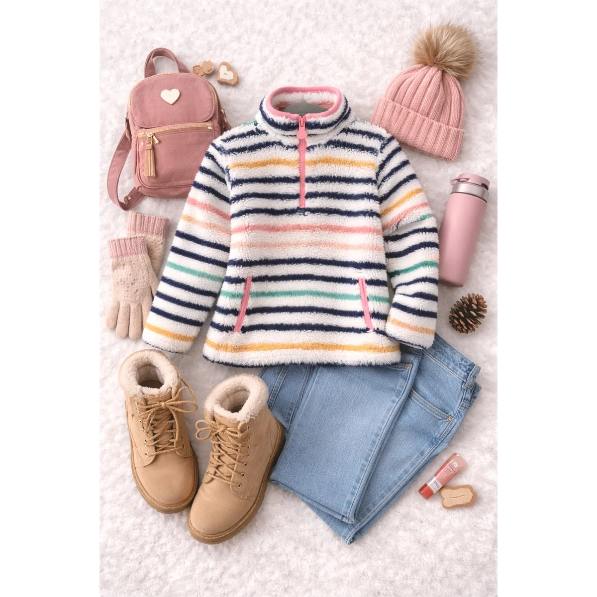 Joules Kids Girls Merridie Half Zip Teddy Fleece Pullover Striped 