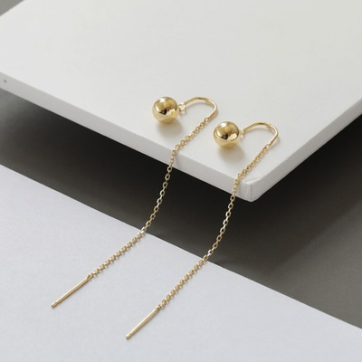 #ad #ad 14K Real Gold Women Threader Wire with Ball Long Dangle Minimalist Earrings $165.00