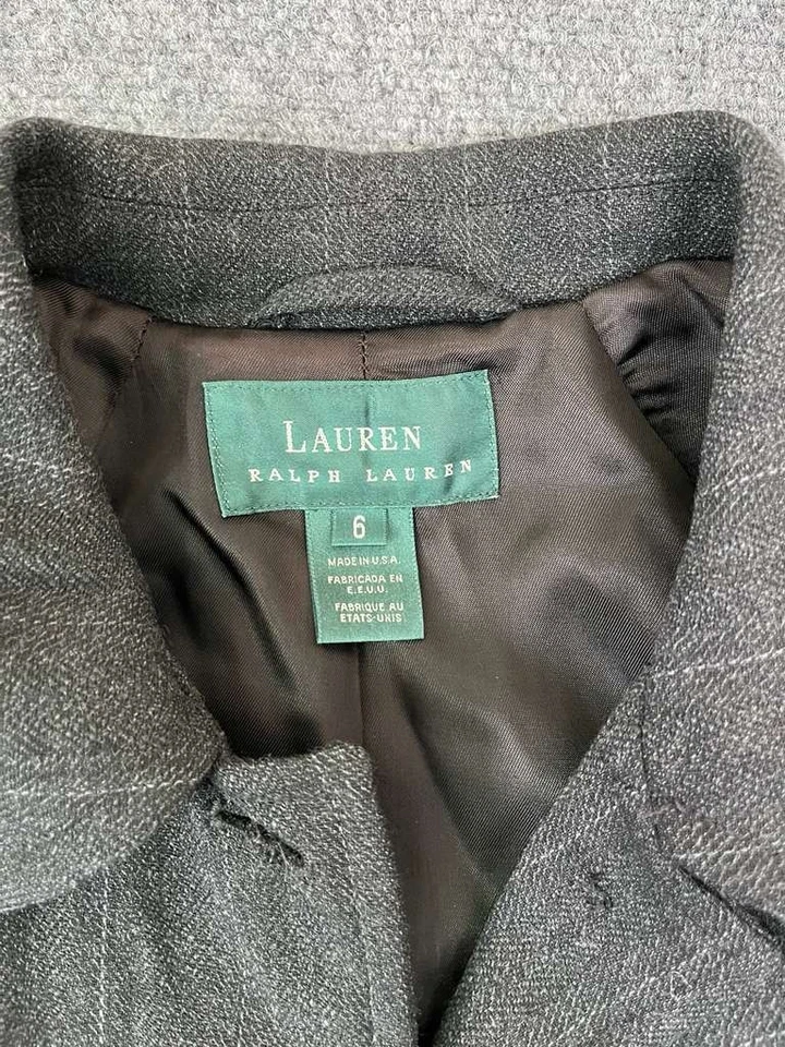 Gabardina Lauren Ralph Lauren para mujer 6 gris a rayas abotonada hecha en EE. UU. Foto 3 de 4