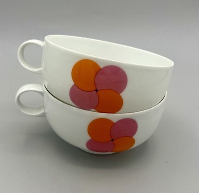 Rosenthal Studio Linie Mondial orange rosa Kreise große Kaffee Suppentassen x2 Vintage