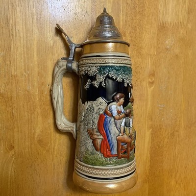 DBGM Original Vintage Signed German Ceramic Painted Glazed Pewter Lid Beer Stein