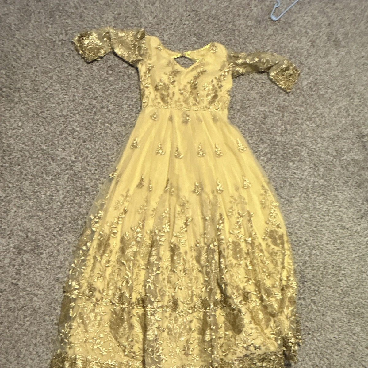 gold dress ebay Vintage 70s Gold Yellow Chiffon Beaded Maxi Gown Dress