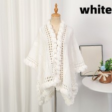 Femmes Tricot Crochet Châle Faux Lapin Fourrure Bord Cape Manteau Hiver Élégant