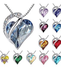 Women Birthstone Heart Silver Necklace Love Crystal Pendant Lady Fashion Gift