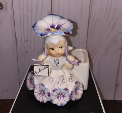 NAPCO # 1756 JAPAN SEPTEMBER BIRTHDAY PURPLE PETUNIA PIXIE w FLOWER BOX READ