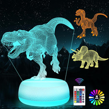 Dinosaur Night Light - 3D Acrylic 16 Color Changing Lamp with 3 Dino Patterns Re