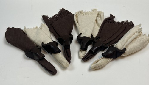 Set of 6 Wooden Water Buffalo Napkin Rings Holders w/ Linen Fringe Cloth Napkins - Picture 9 of 9