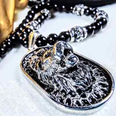 Lion Pendant 8mm Black Onyx Beaded Necklace 29'' Black Chrome Stainless Used