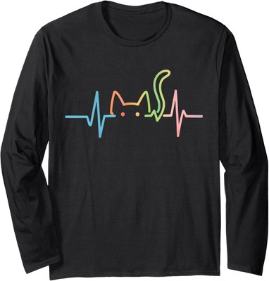 Heartbeat Cat Lover Animal Silhouette Cute Kitty Cat Long Sleeve T-Shirt