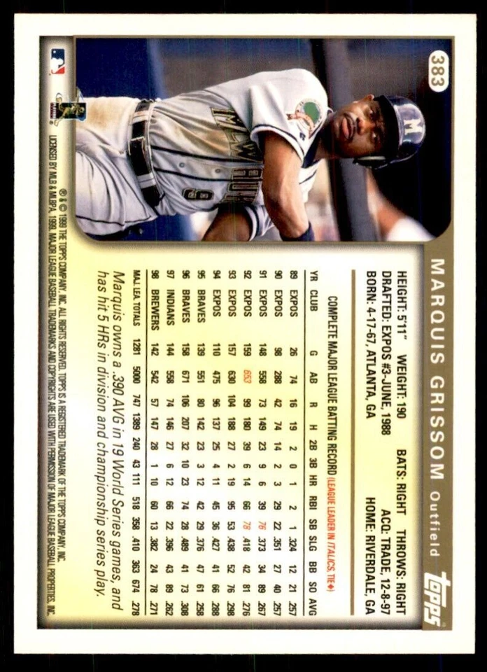 1999 Topps Marquis Grissom Baseball Cards #383 - Image 2 of 2