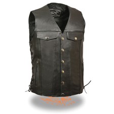 Mens Promotional Grade "TALL" Leather Biker Vest Denim Pockets Side Lace EL5360T