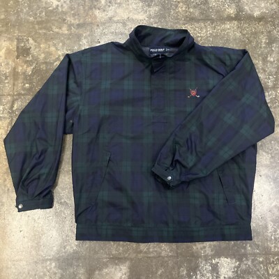 Polo Ralph Lauren Golf Jacket Men XL Blue Green Plaid Full Zip Snap Button Snap