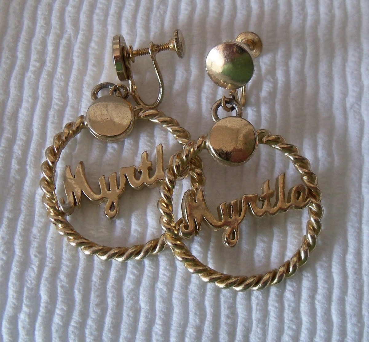 Vintage MYRTLE Name script Gold tone LARGE hoop dangle Earrings