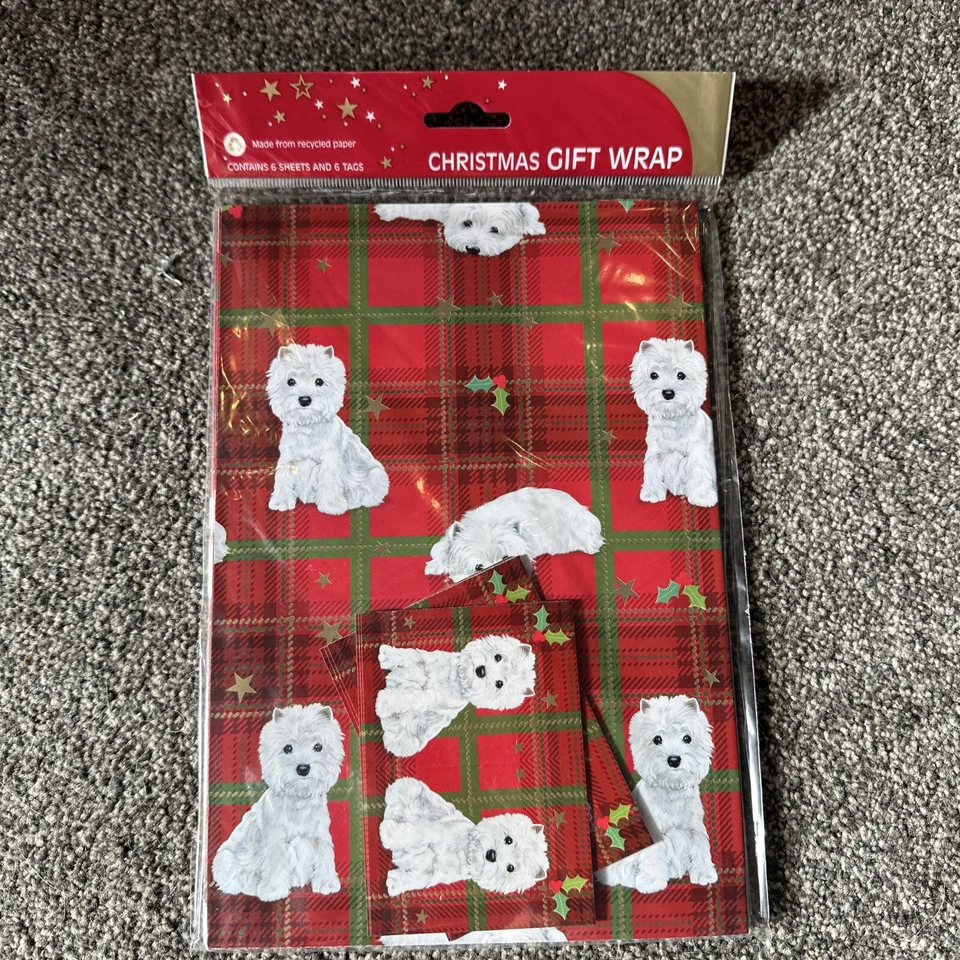 OTTER HOUSE Westie Highland/ Tartan Dog Christmas Gift 6 Sheets & 6 Tags Xmas Paper NEW