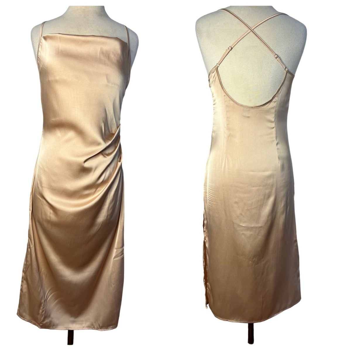 SHEIN Dress Petite Large Tan Sheath Midi adj Straps Zip Scoop Neck | eBay