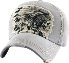 Native American Indian Chief Skull Vintage Distressed Gray Cap Hat by KB ETHOS