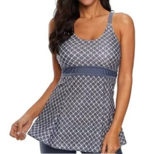 Zando~ Women's ~Retro Grey Geometric Printed ~Tankini~ Swim Top~ Size XL