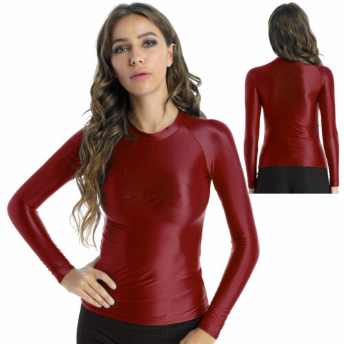 Women's Shiny Shirts Long Sleeve Crop Top Stretchy Slim Fit Yoga T-shirt Blouse - Picture 34 of 101