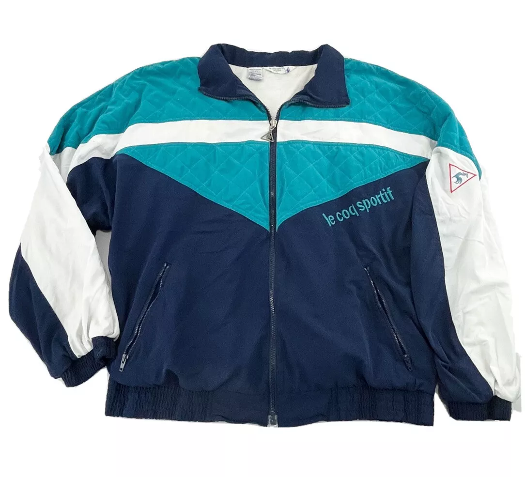 Vintage 90s Le Coq Sportif Quilted WIndbreaker Jacket Turquoise Navy White Large