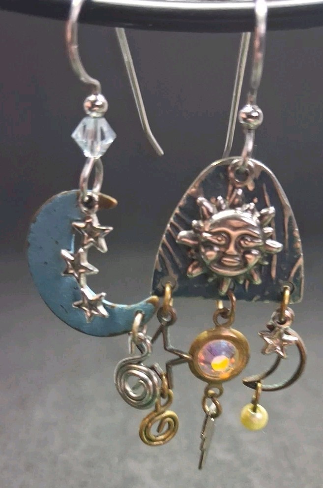 Eclectic Mismatched Celestial Dangle Earrings Sun… - image 1