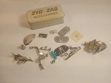 Vintage Manual Zigzag Hinged Metal Accessories Storage Box w Misc Sewing Items