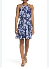 NEW Eliza J Dress Women Plus Sz 18 Floral Halter Blue Pleated Short Dressy Party