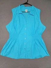 FASHION BUG~Woman's 24W Sleeveless Button-Up Blouse Smocked Stretch Waist BLUE