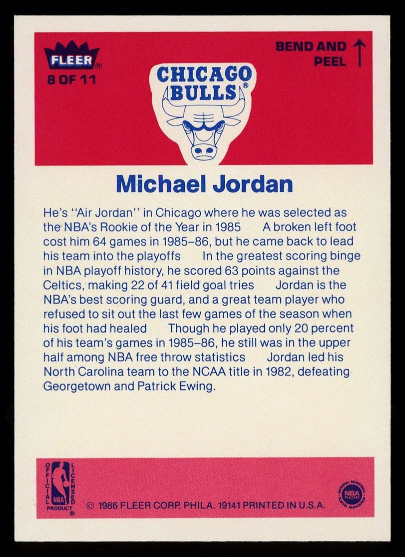 Michael Jordan 1986-87 Fleer Sticker Rookie RC 8 BULLS HOF view 2