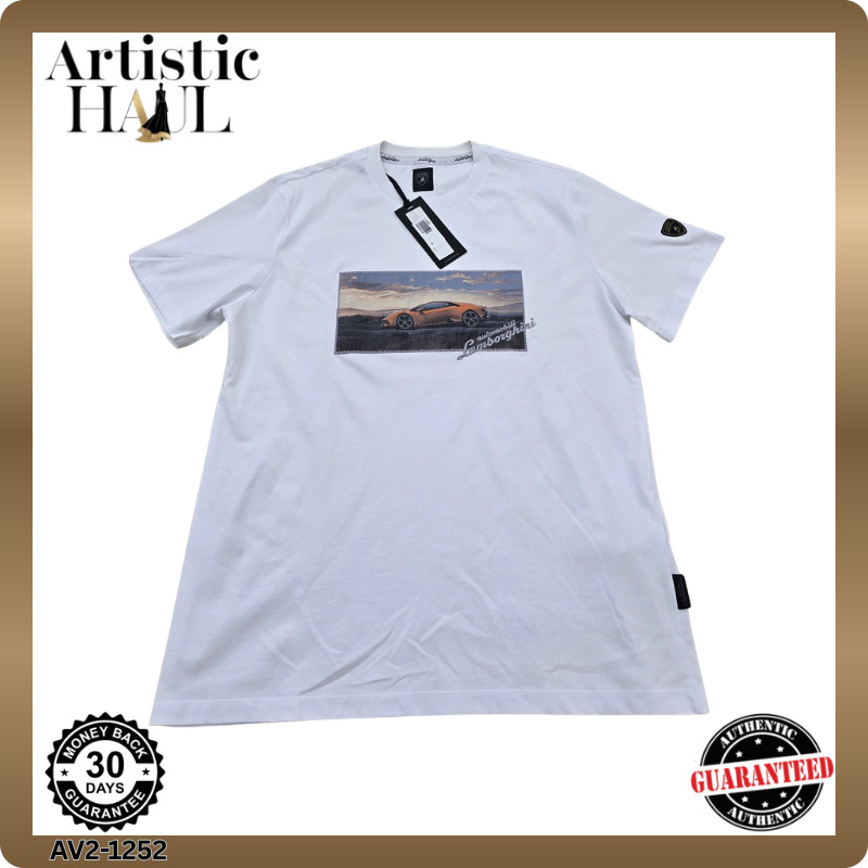 Camiseta de algodón blanca XL Lamborghini con estampado gráfico cuello redond...
