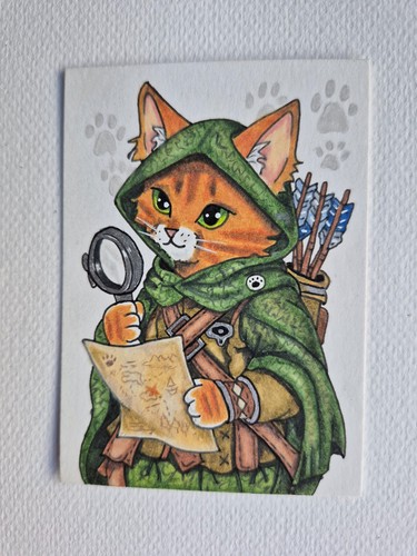 Original Cat ACEO RPG Fantasy Hunter Season10 Art Color Pencil OOAK Hand drawn
