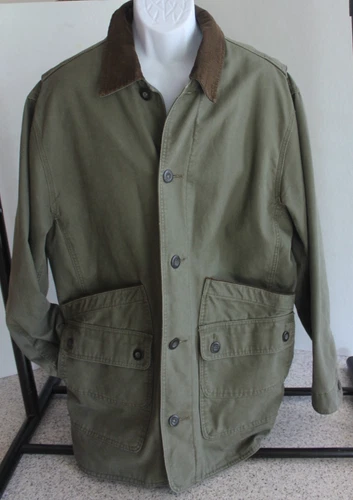 Orvis Barn Jacket Men Large Olive Field Chore Coat Corduroy Trim Quilt Lined