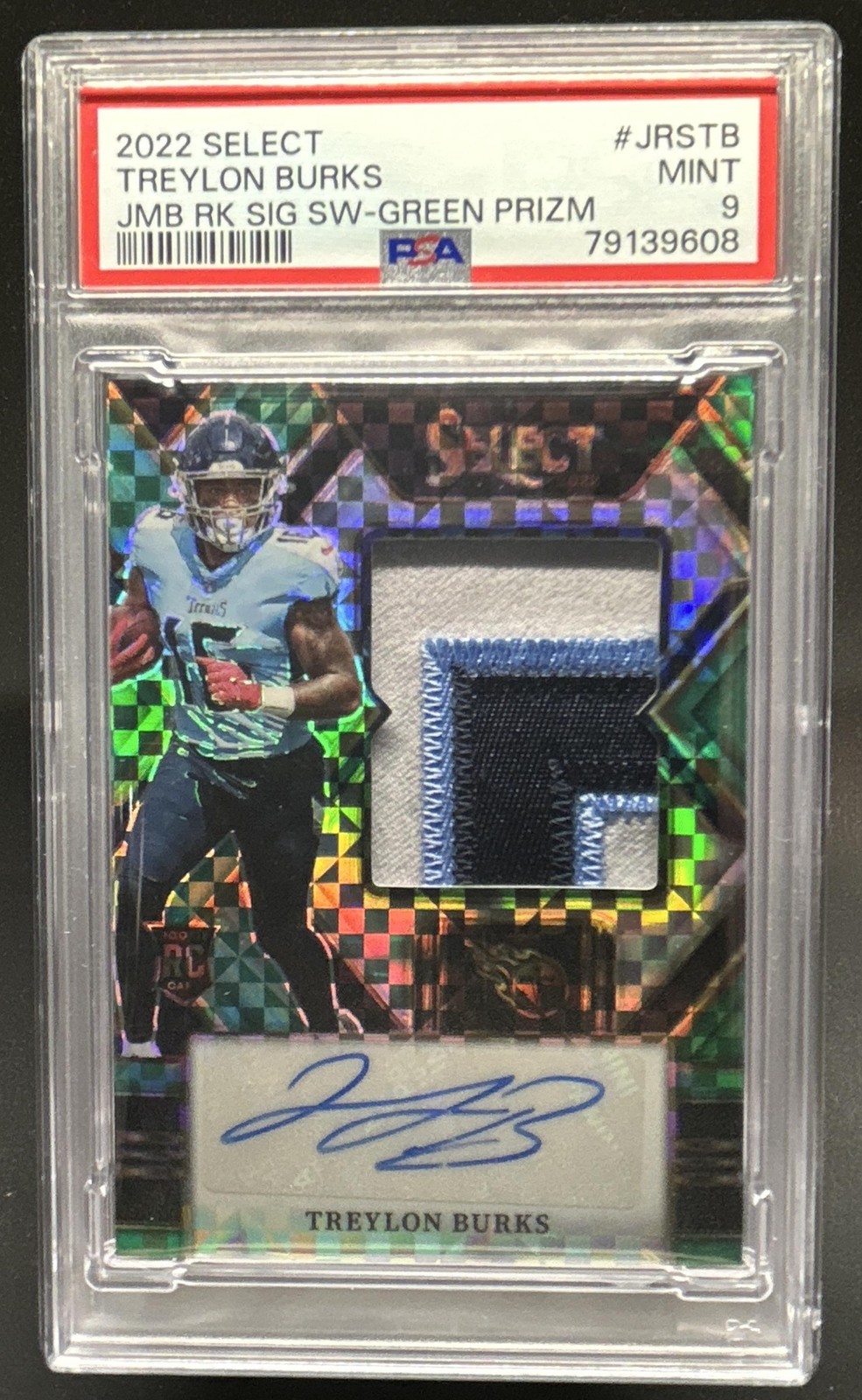 2022 Select Treylon Burks Jumbo Rookie Jersey Swatch Green Prizm Auto #3/5 PSA 9 view 1