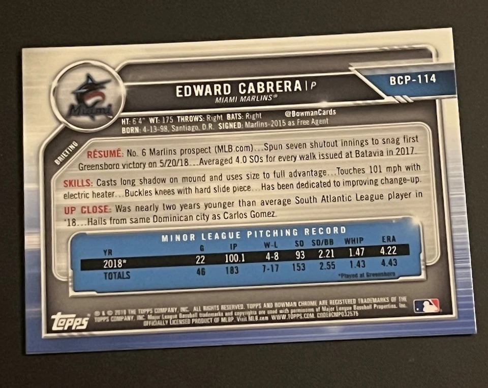 2019 Bowman - Chrome Prospects Edward Cabrera #BCP-114 (RC) - Image 2 of 2