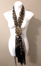 Long Rectangular Leopard Brown/Black/Tan Print Fabric Long Black Fine Fringe