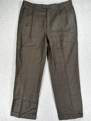 Zanella Bennett Dress Pants Mens 36x30 Brown Windowpane Wool Pleated Made Italy