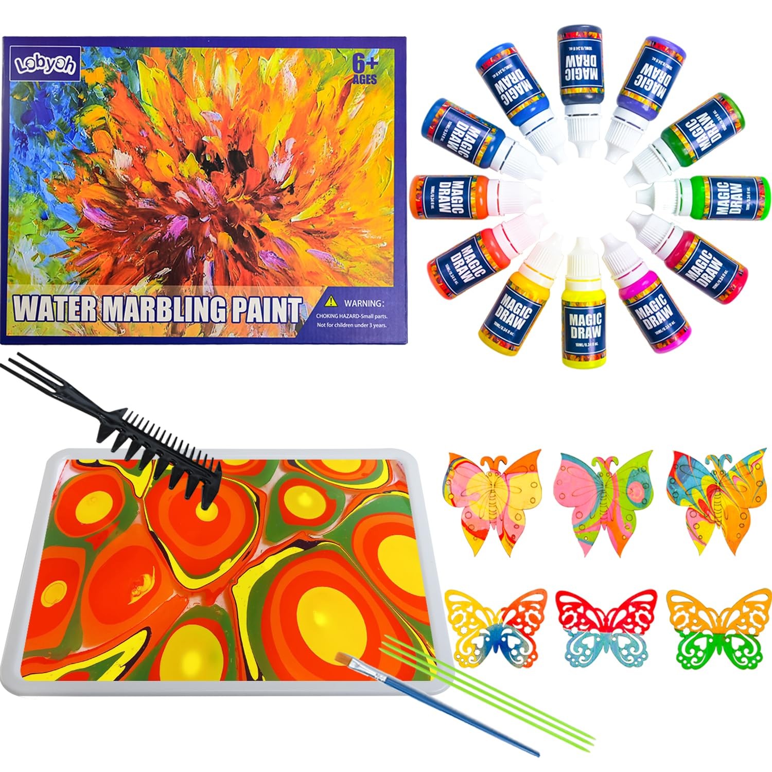 Peinture marbrée kit enfant 12 couleurs et 6 papillons, le cadeau d'anniversaire créatif dès 6 ans