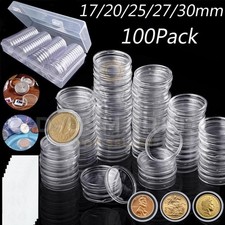 100Pack Clear Coin Capsule Round Plastic Holder Container Storage Box Case 30mm