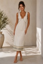 BCBG Max Azria Collection Dress Sz 6 Ivory Beaded Embroidered Midi Y2K