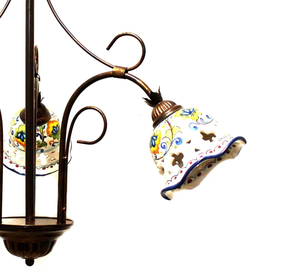 Lustre Classique Rustique Céramique Sicilienne 3 Lumières Coll. Fleur - Photo 2/2