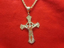 14KT GOLD EP HUGE CRUCIFIX CROSS 4+ INCHES CHARM  W/16" 5MM ROPE CHAIN-9252