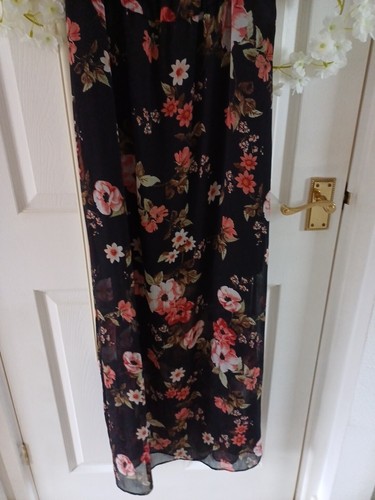 Black Vintage 🌹 Roses Floral Ruffle Chiffon Lined Maxi Dress 👗10 12 S M - Picture 8 of 8