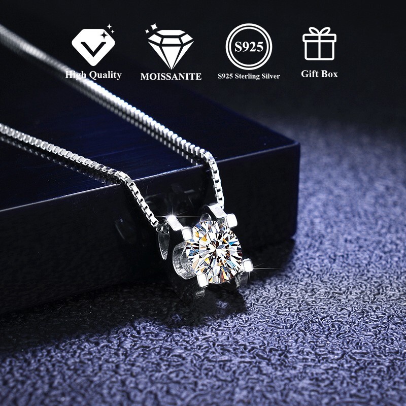 1 Carat Moissanite S925 Sterling Silver Round Cut D Color VVS1 Clarity Necklace