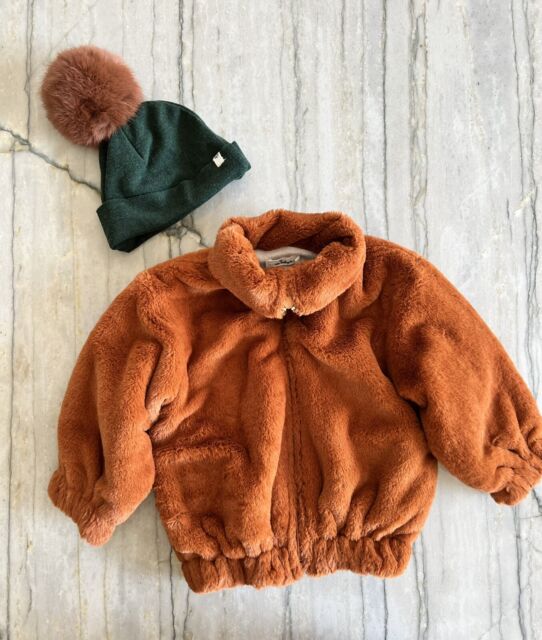 Baby Girl’s Faux Fur Brown Zip Jacket Coat & Fox Fur Pom Hat 6-12 Mo New